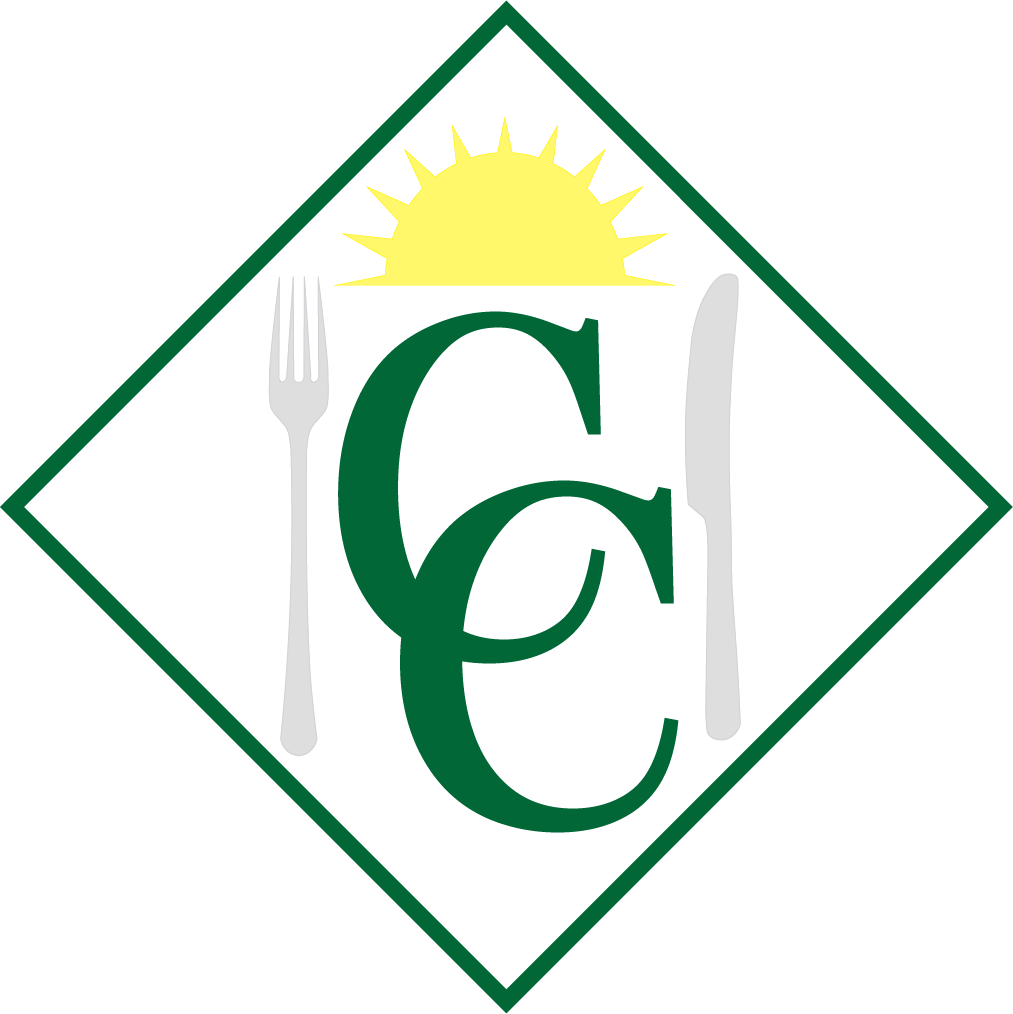 Country Caterers diamond emblem with fork, knife, and sunrise