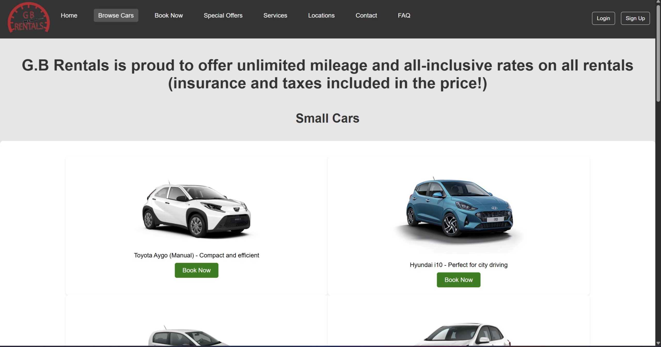 GB Rentals browse cars page with vehicle fleet and booking buttons
