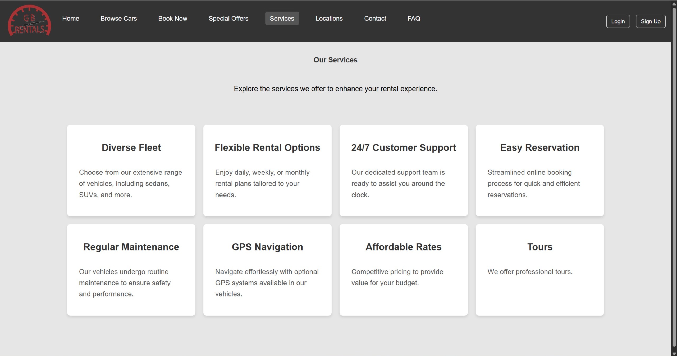 GB Rentals services page with fleet options and 24/7 support