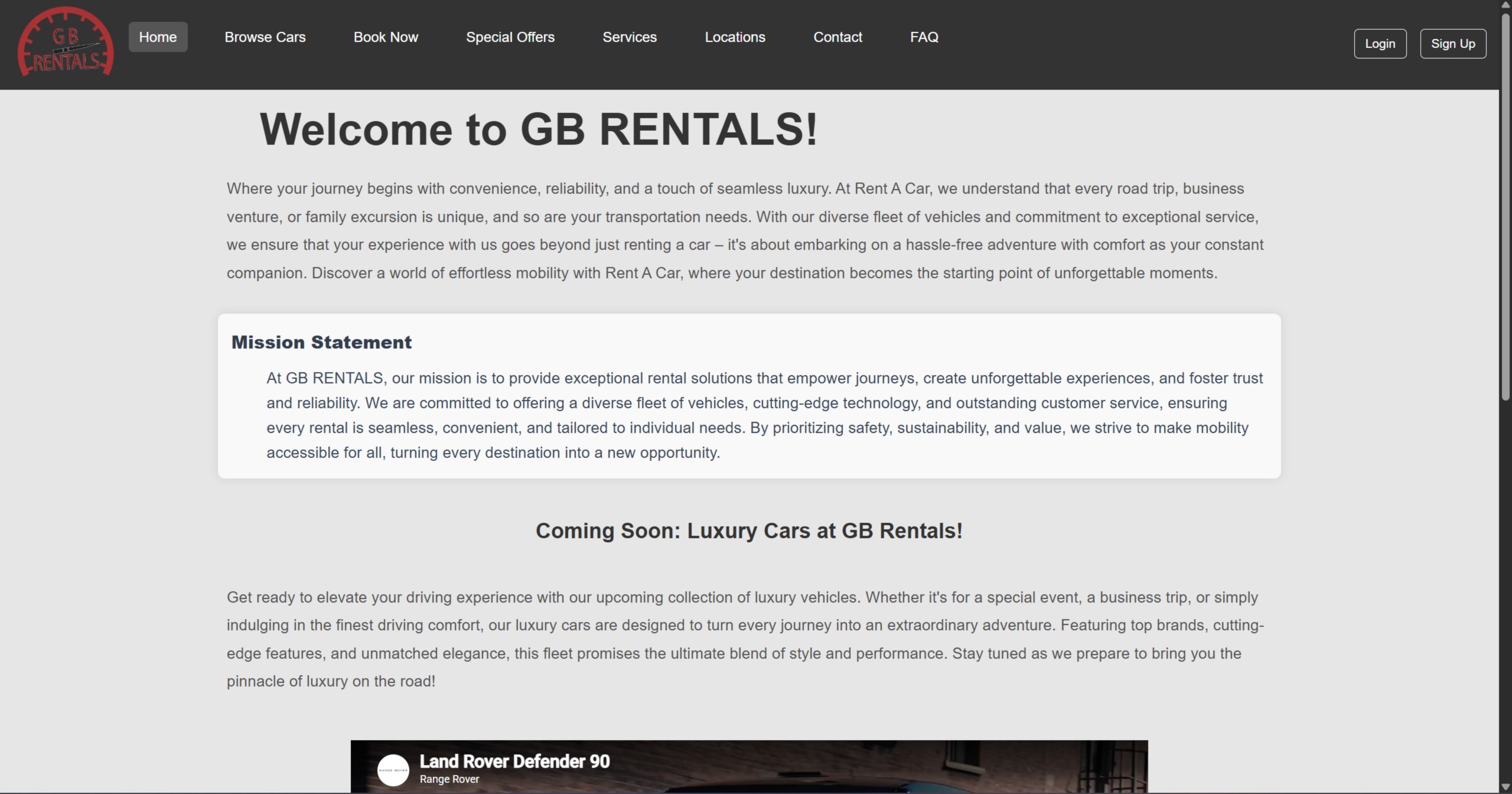 GB Rentals home page — welcome section and mission statement