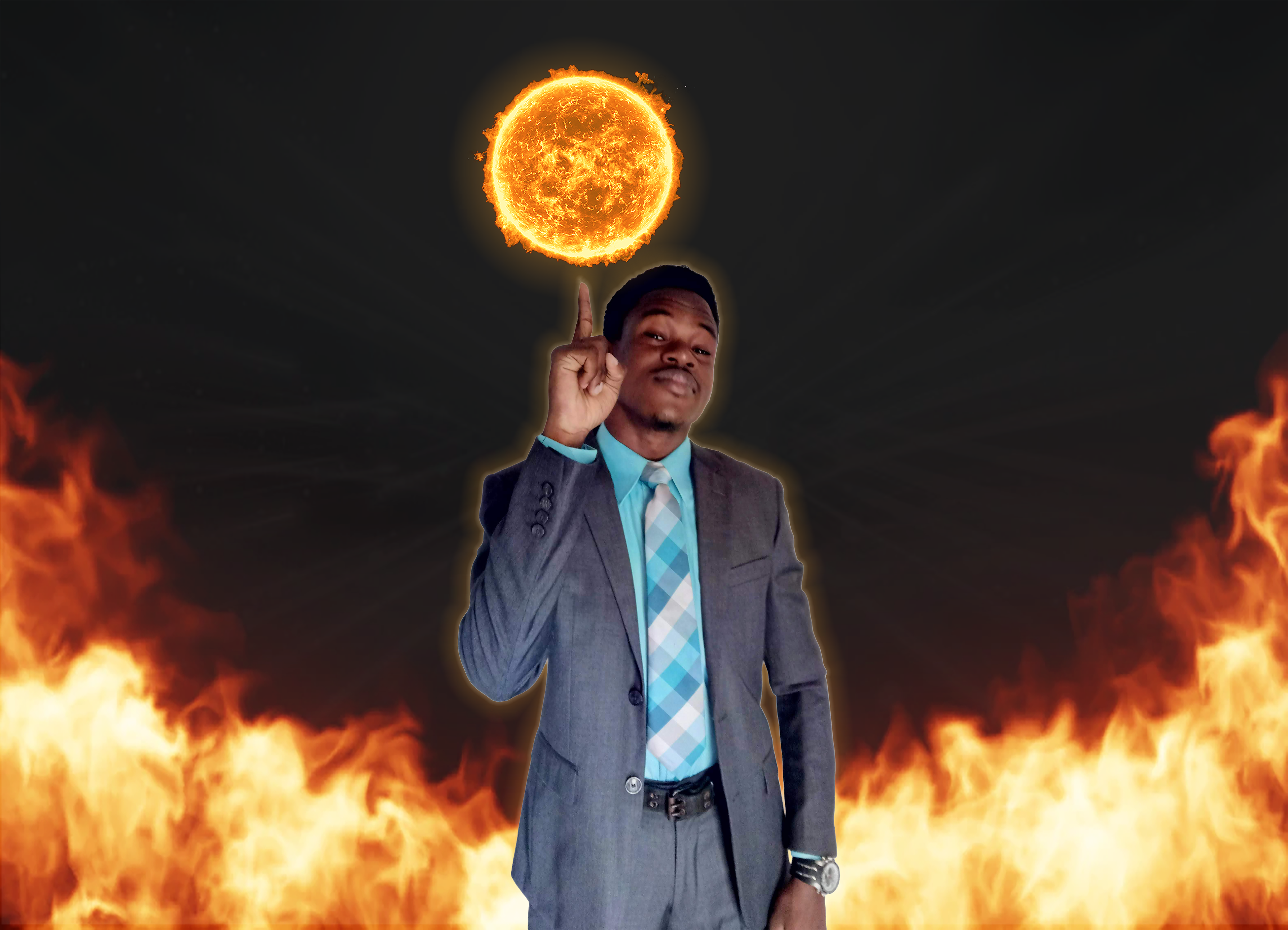 Sun God creative photo composite with fire and celestial elements